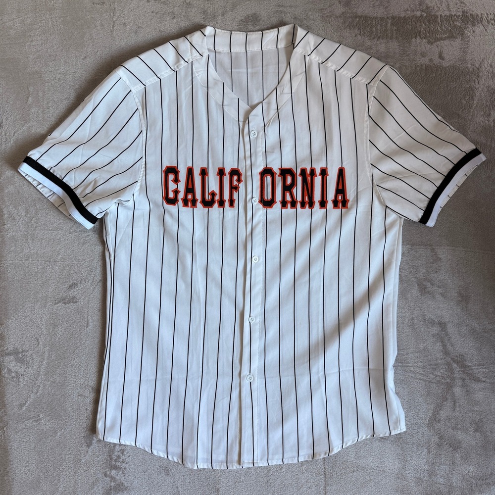 SHEIN California Pinstripe‎ Baseball Jersey White Orange Black Men Small S